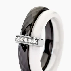 Bague Barette Bicolore Ceramique Argent Blanc Oxyde De Zirconium