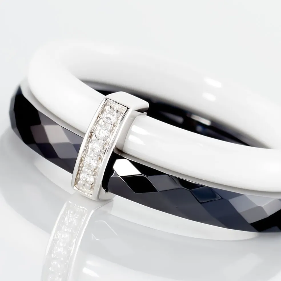Bague Barette Bicolore Ceramique Argent Blanc Oxyde De Zirconium