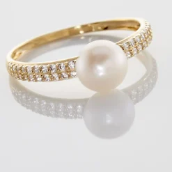Bague Maria-francoise Or Jaune Perle De Culture Et Oxyde De Zirconium