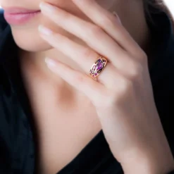 Bague Mosaique Or Rose Amethyste Et Rhodolite Et Saphir