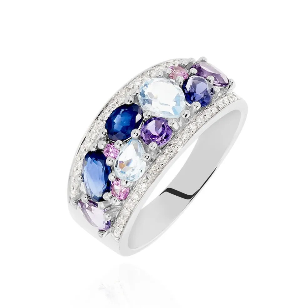 Bague Multicolore Or Blanc Topaze Et Amethyste Et Saphir