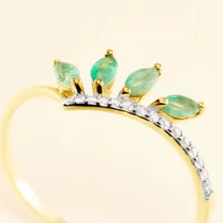 Bague Navette Or Jaune Emeraude Diamant