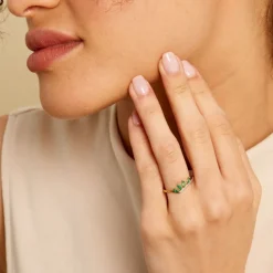 Bague Navette Or Jaune Emeraude Diamant