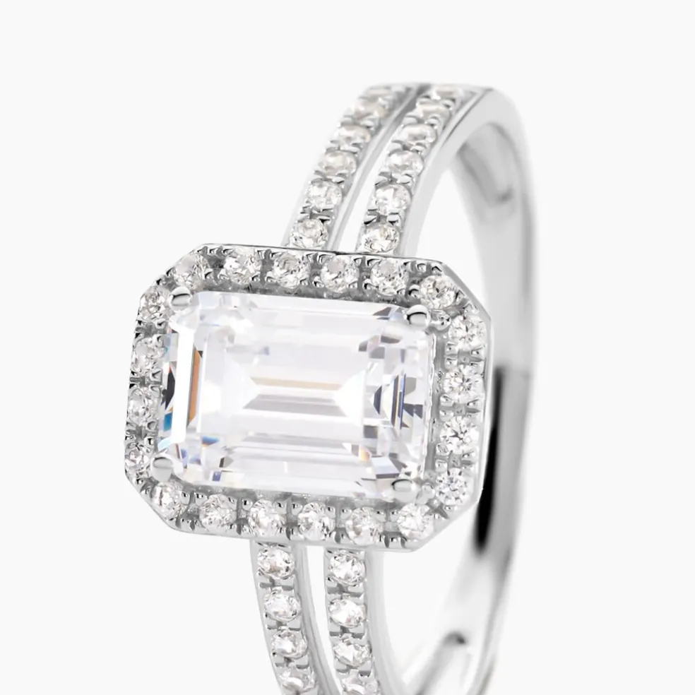 Bague Solitaire Accompagn啪 Or Blanc Addy Oxyde De Zirconium