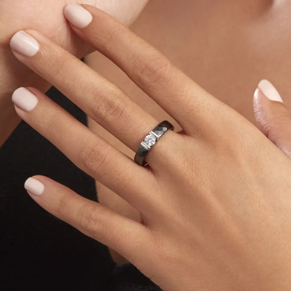 Bague Solitaire Ceramik Design Argent Oxyde De Zirconium Et Céramique