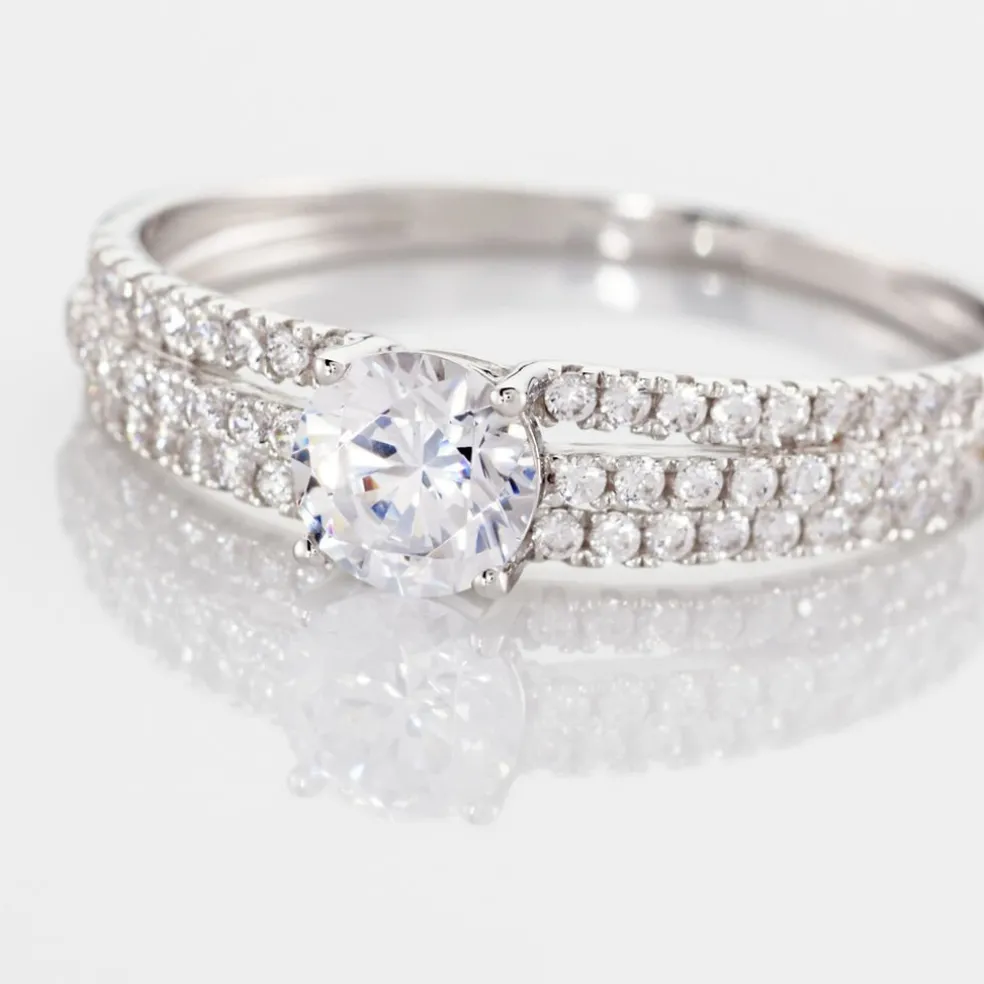 Bague Solitaire Ceridwen 3 Rangs Or Blanc Oxyde De Zirconium