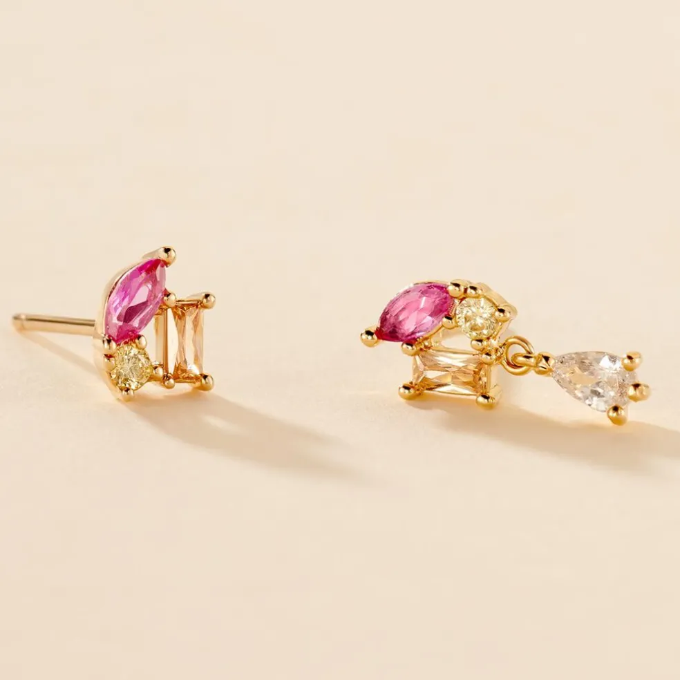 Boucle D'oreille Dépareillée Clematis Plaqué Or Jaune Spinelle Oxyde