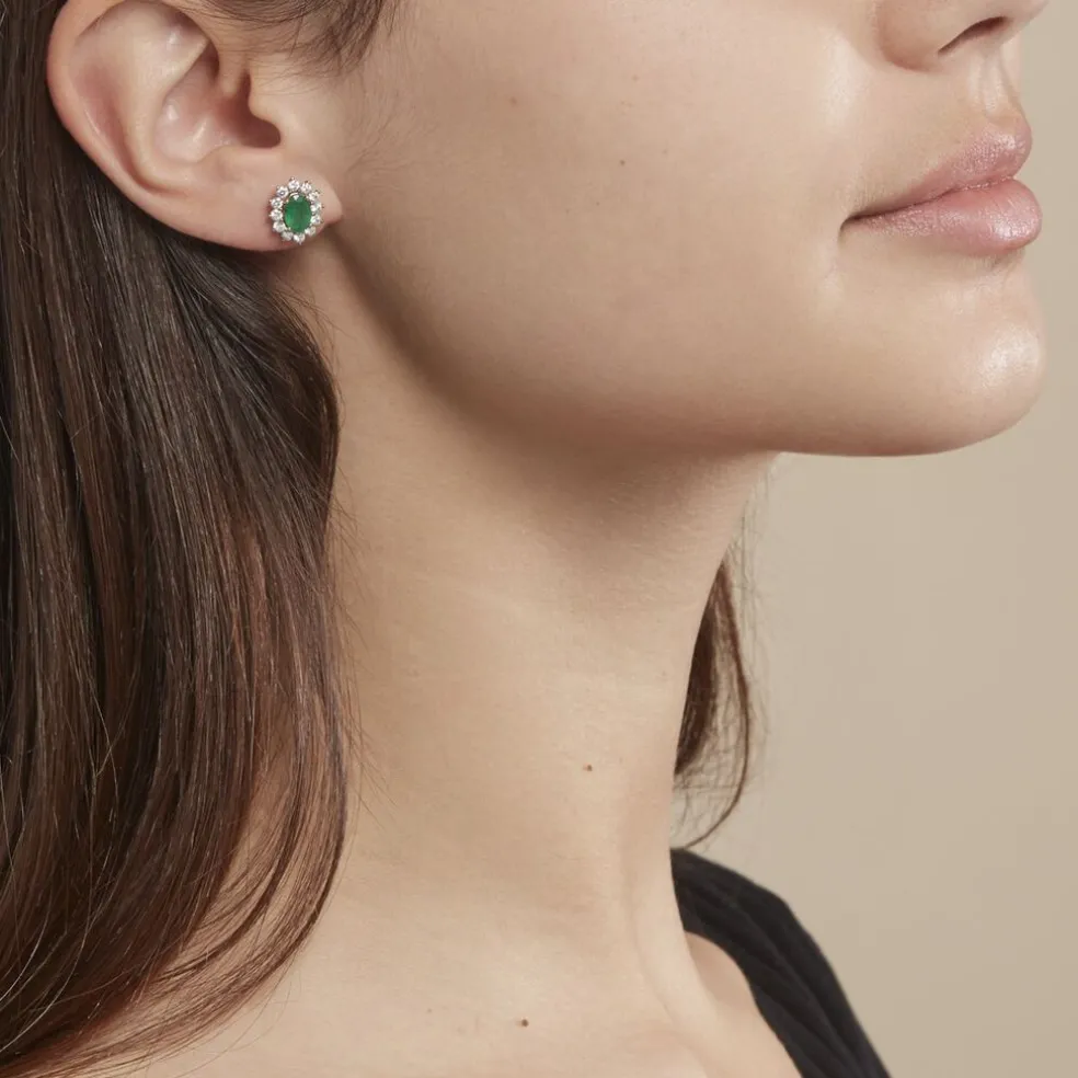 Boucles D'oreilles Or Jaune Emeraude Diamants