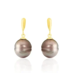 Boucles D'oreilles Pendantes Semi-baroque Or Jaune Perle De Tahiti