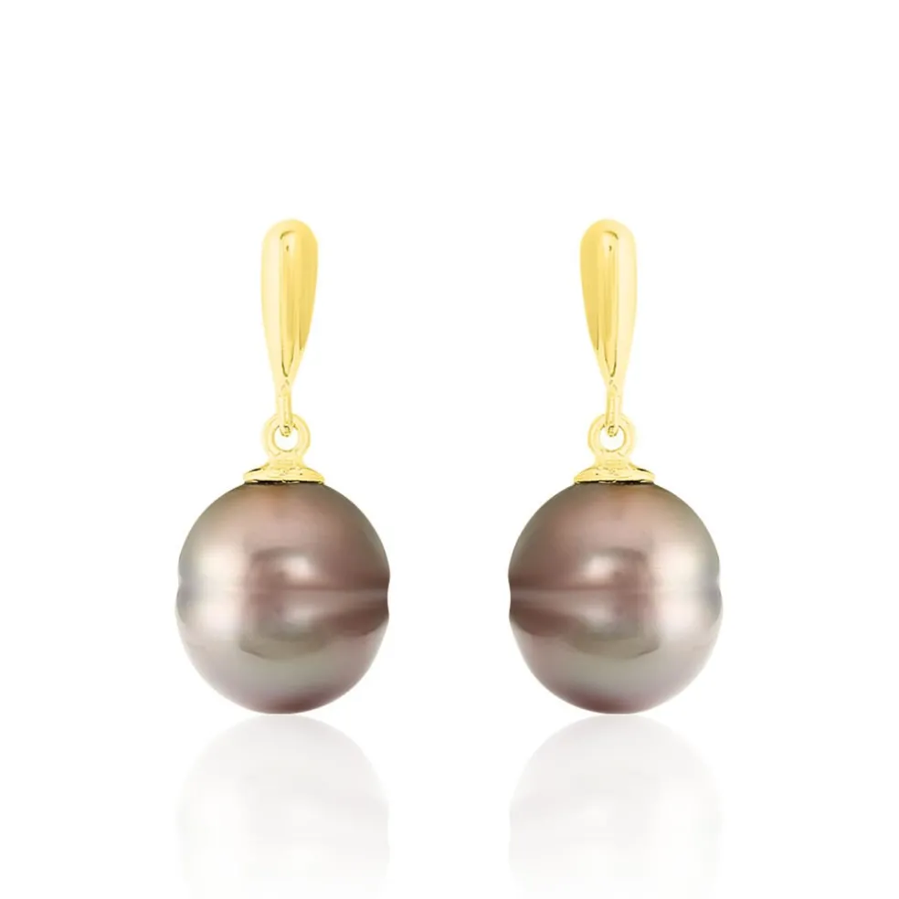 Boucles D'oreilles Pendantes Semi-baroque Or Jaune Perle De Tahiti