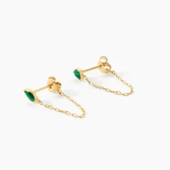 Boucles D'Oreilles Pendantes Ondée Or Jaune Malachite