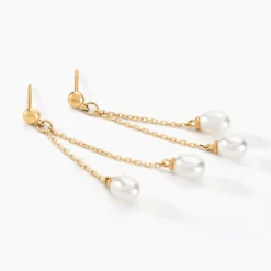 Boucles D'oreilles Pendantes Carrine 2 Fils Or Jaune Perle De Culture