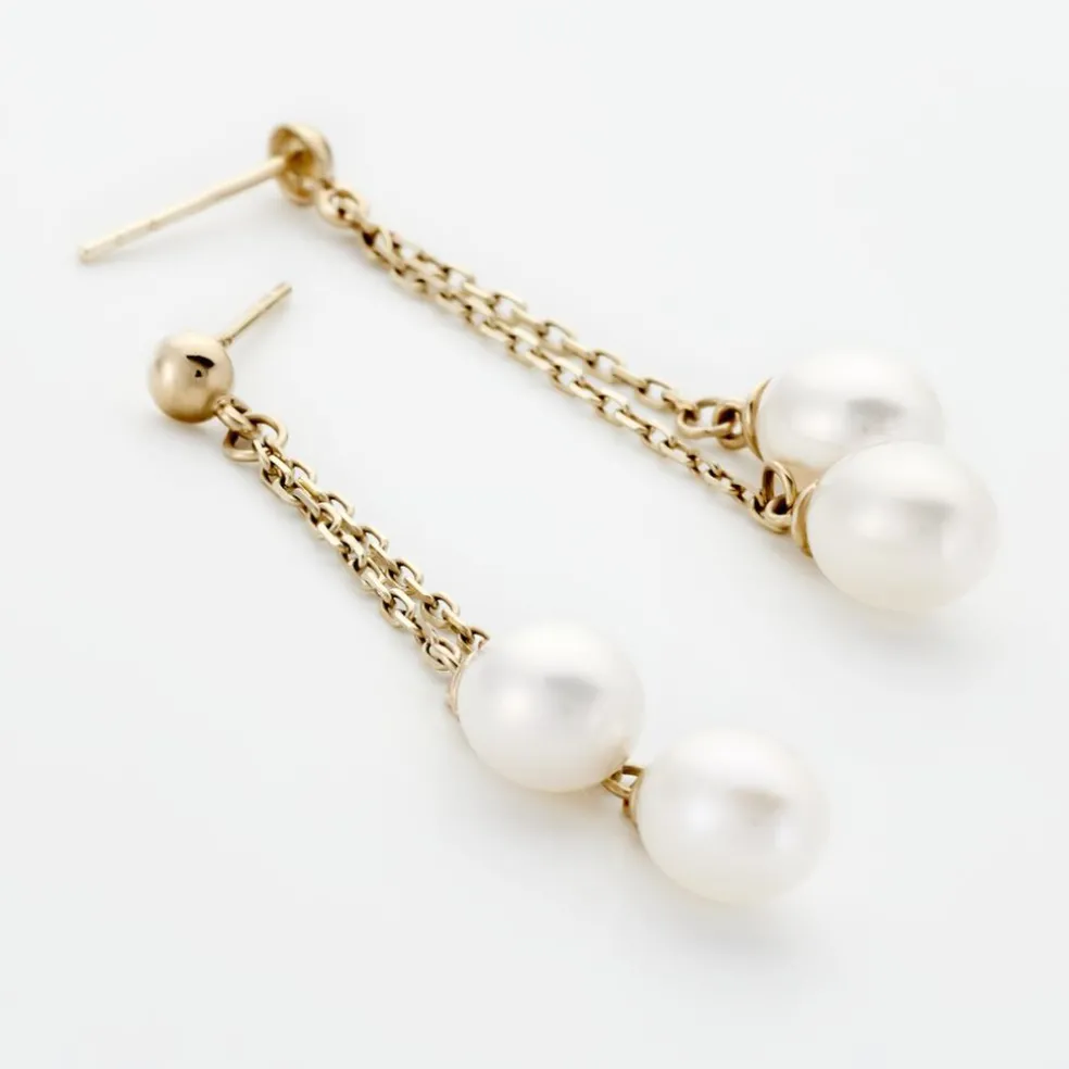 Boucles D'oreilles Pendantes Carrine 2 Fils Or Jaune Perle De Culture