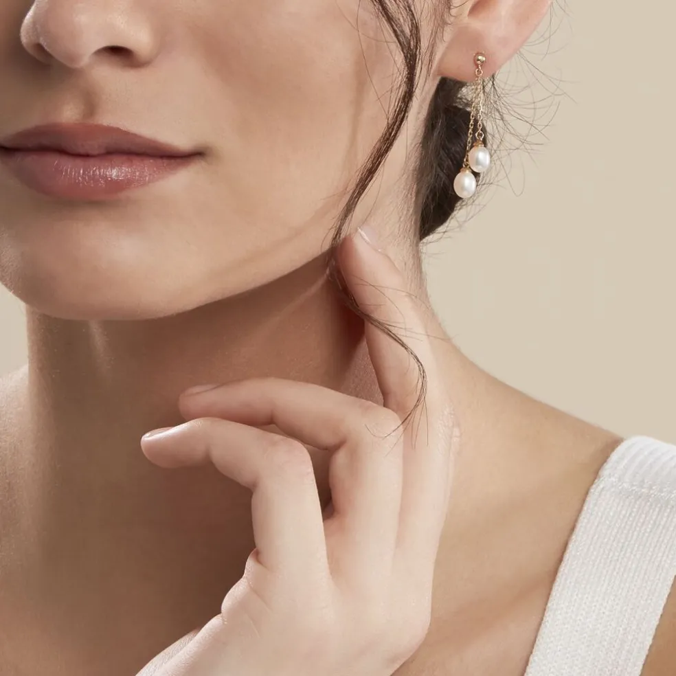 Boucles D'oreilles Pendantes Carrine 2 Fils Or Jaune Perle De Culture