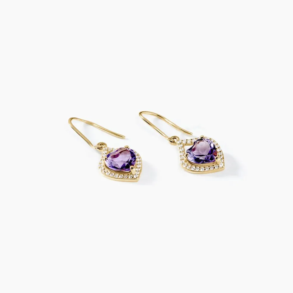 Boucles D'oreilles Pendantes Rosaline Or Jaune Amethyste Et Oxyde