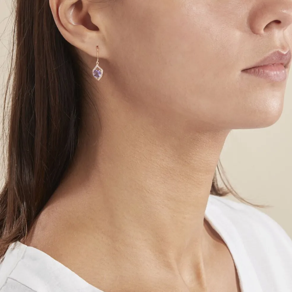 Boucles D'oreilles Pendantes Rosaline Or Jaune Amethyste Et Oxyde