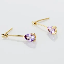 Boucles D'oreilles Pendantes Goutte Or Jaune Amethyste