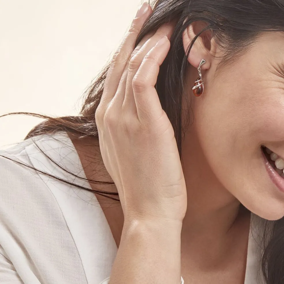 Boucles D'oreilles Pendantes Argent Blanc Melusine Ambre