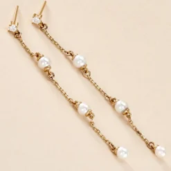 Boucles D'oreilles Pendantes Nanuk Or Jaune Oxyde Et Perle De Culture