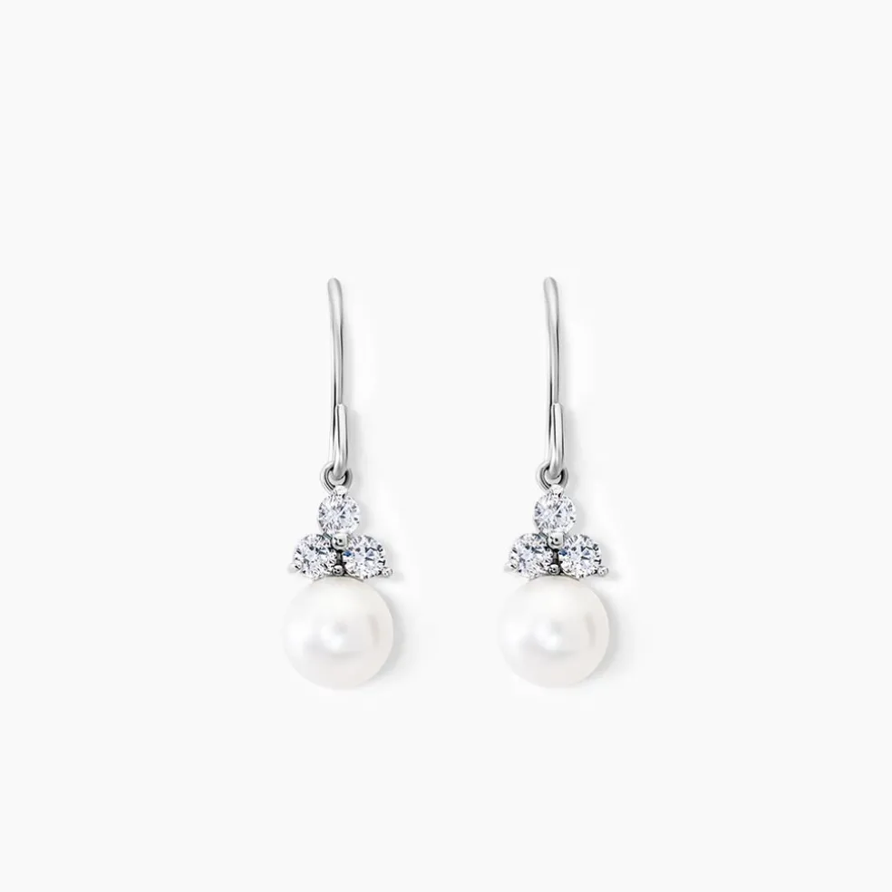 Boucles D'oreilles Pendantes Taissia Or Blanc Perle Culture Et Oxyde