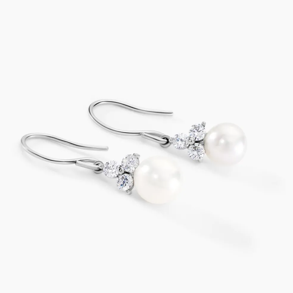 Boucles D'oreilles Pendantes Taissia Or Blanc Perle Culture Et Oxyde