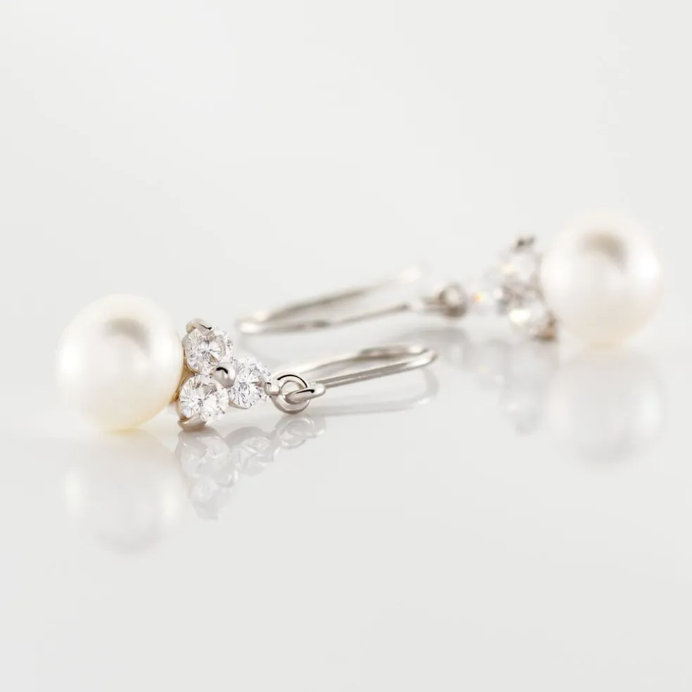 Boucles D'oreilles Pendantes Taissia Or Blanc Perle Culture Et Oxyde