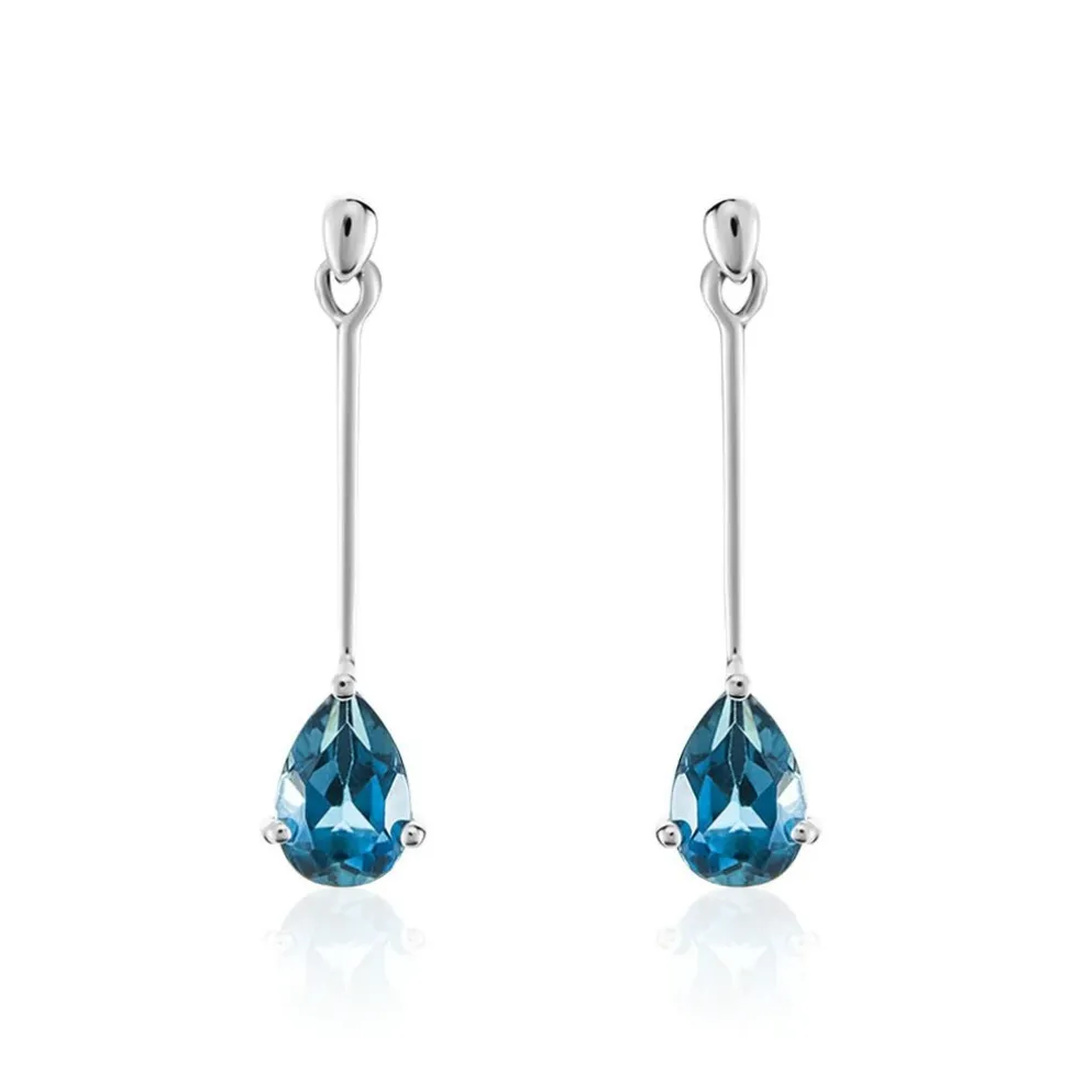 Boucles D'oreilles Pendantes Goutte Or Blanc Topaze Bleu London