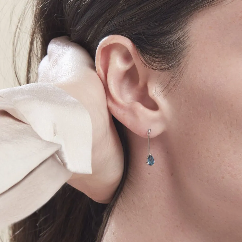 Boucles D'oreilles Pendantes Goutte Or Blanc Topaze Bleu London