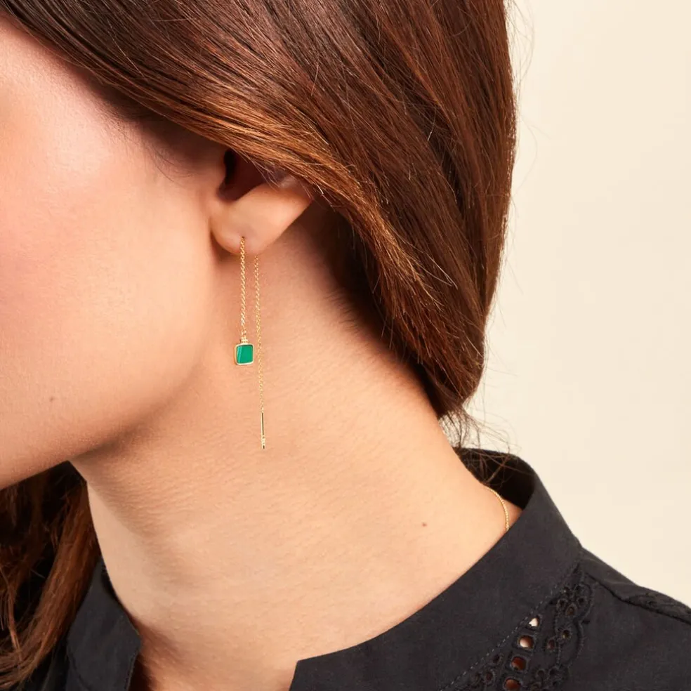Boucles D'oreilles Pendantes Caron Or Jaune Malachite