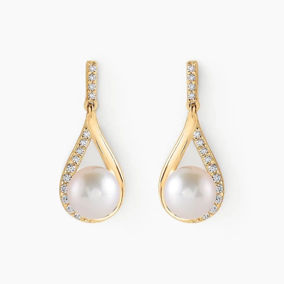 Boucles D'oreilles Pendantes Helin Or Jaune Perle De Culture Et Oxyde