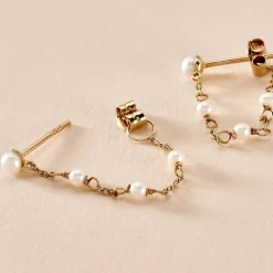 Boucles D'oreilles Pendantes Or Jaune Tiny Pearls Perle