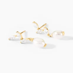 Boucles D'Oreilles Pendantes Nacrée Or Jaune Perle De Culture Oxyde De Zirconium