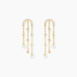 Boucles D'Oreilles Pendantes Nacrée Or Jaune Perle De Culture Oxyde De Zirconium