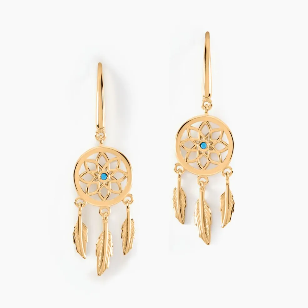 Boucles D'oreilles Plaqué Or Jaune Attrape Rêves Turquoises