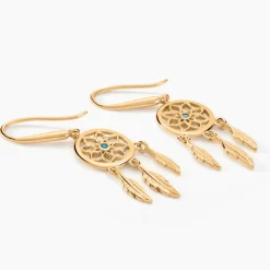 Boucles D'oreilles Plaqué Or Jaune Attrape Rêves Turquoises