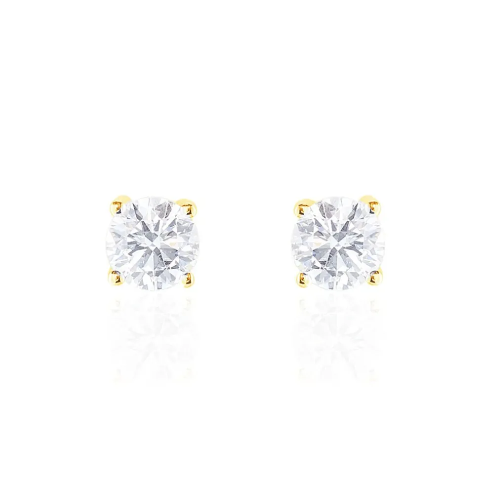Boucles D'oreilles Puces 4 Griffes Or Jaune Diamant Synthetique