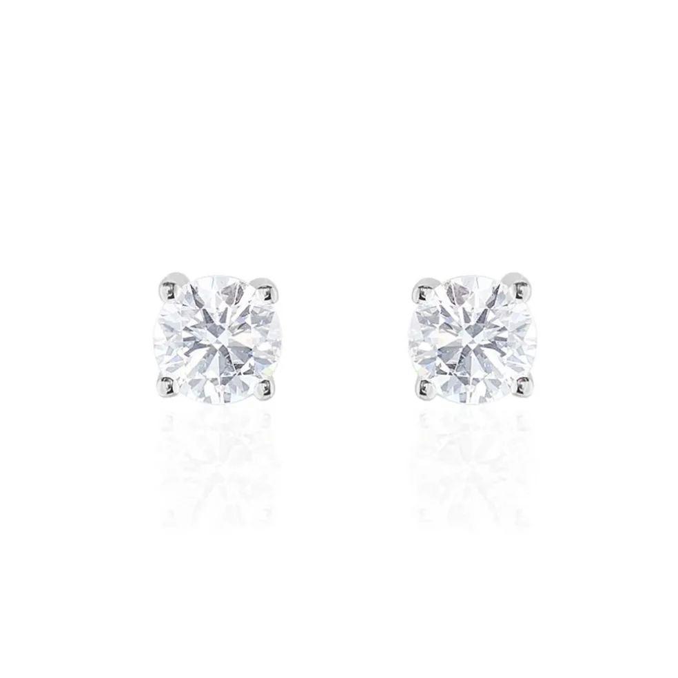 Boucles D'oreilles Puces 4 Griffes Or Blanc Diamant Synthetique