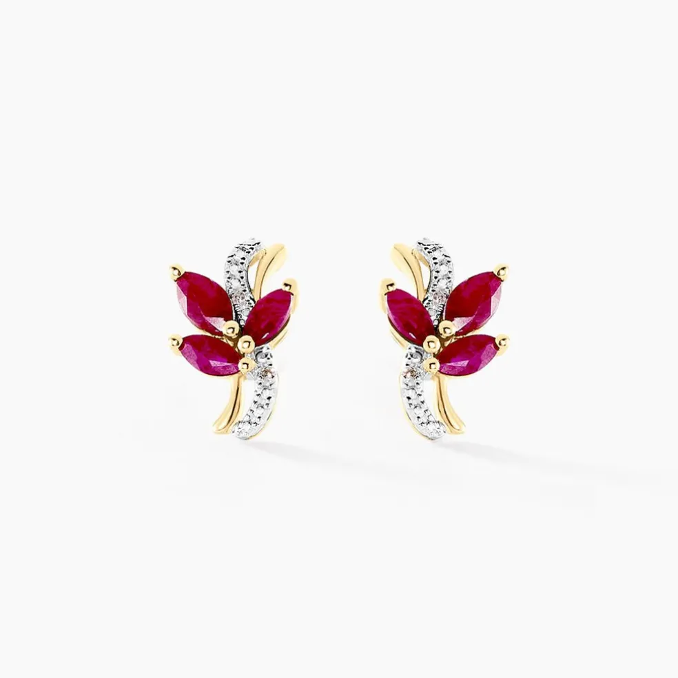 Boucles D'oreilles Puces Angie Or Jaune Rubis Diamant