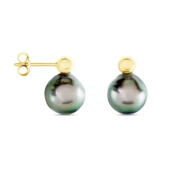 Boucles D'oreilles Puces Baroque Or Jaune Perle De Culture De Tahiti