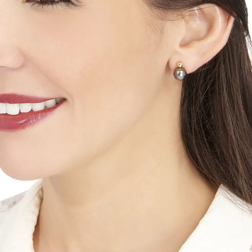 Boucles D'oreilles Puces Baroque Or Jaune Perle De Culture De Tahiti