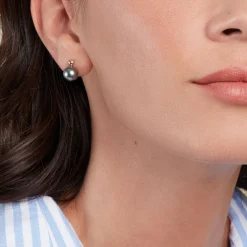 Boucles D'oreilles Puces Baroque Or Jaune Perle De Culture De Tahiti