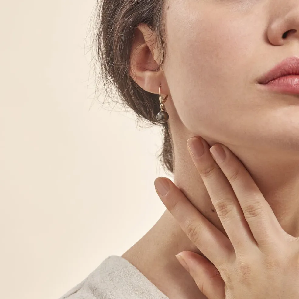 Boucles D'oreilles Puces Baroque Dormeuse Or Jaune Perle De Tahiti