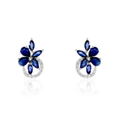 Boucles D'oreilles Puces Bouquet Or Blanc Saphir Et Diamant