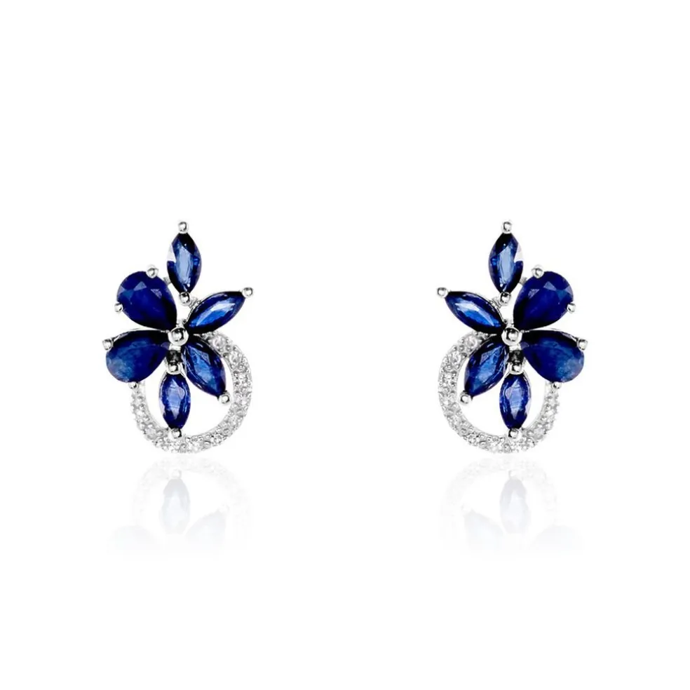 Boucles D'oreilles Puces Bouquet Or Blanc Saphir Et Diamant