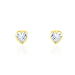 Boucles D'oreilles Puces Coeur Serti Clos Or Jaune Oxyde De Zirconium
