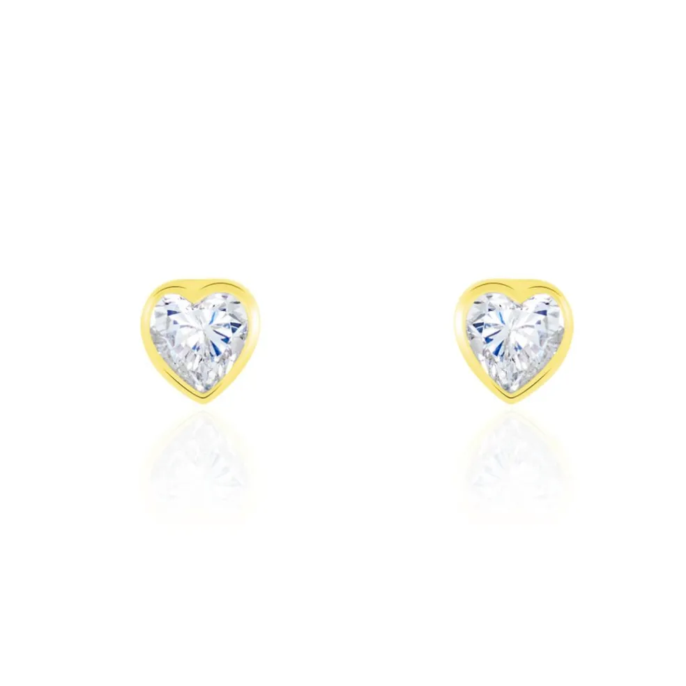 Boucles D'oreilles Puces Coeur Serti Clos Or Jaune Oxyde De Zirconium