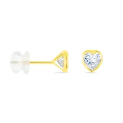 Boucles D'oreilles Puces Coeur Serti Clos Or Jaune Oxyde De Zirconium
