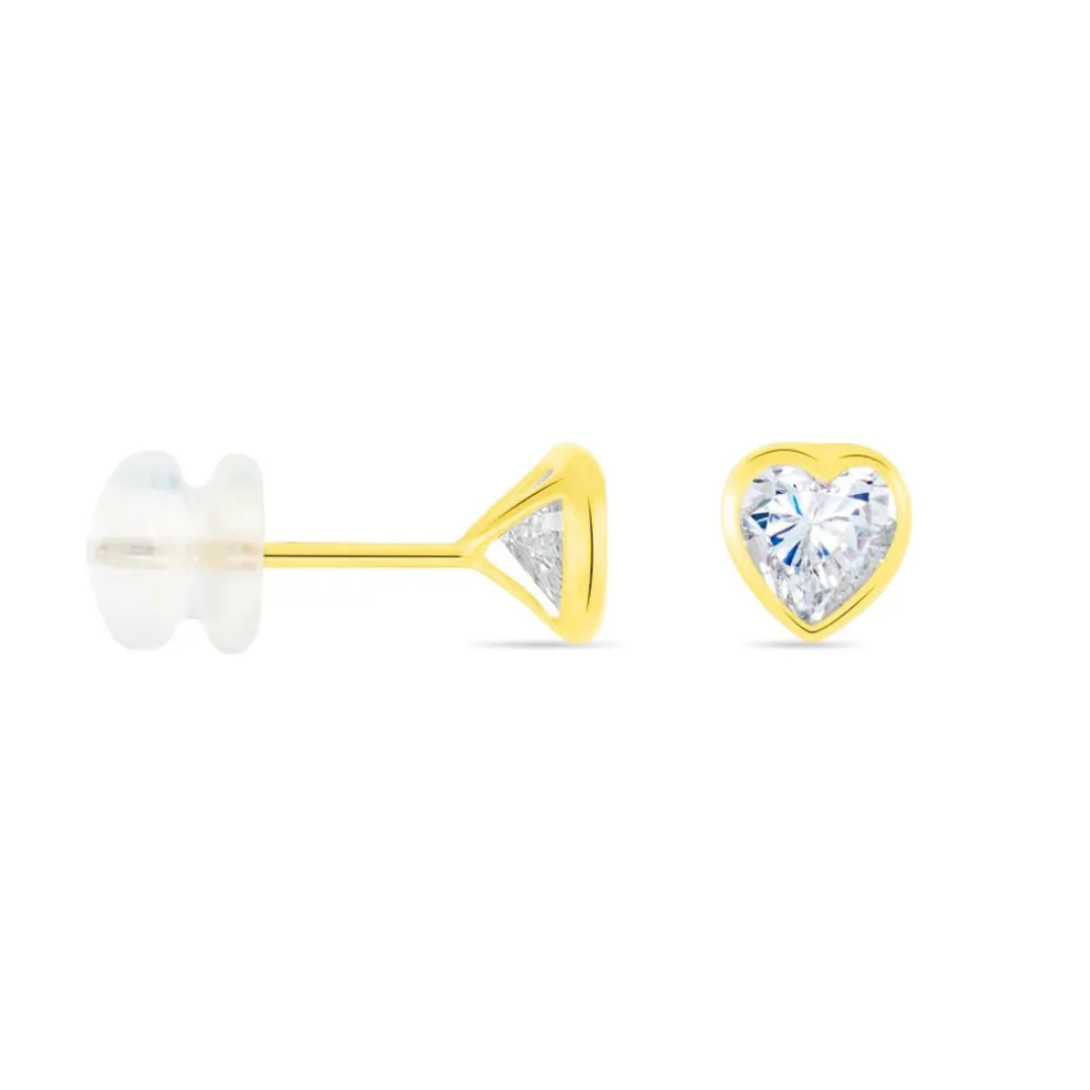 Boucles D'oreilles Puces Coeur Serti Clos Or Jaune Oxyde De Zirconium