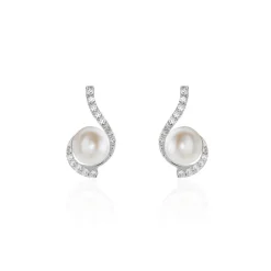 Boucles D'oreilles Puces Cassiopea Or Blanc Oxyde Et Perle De Culture