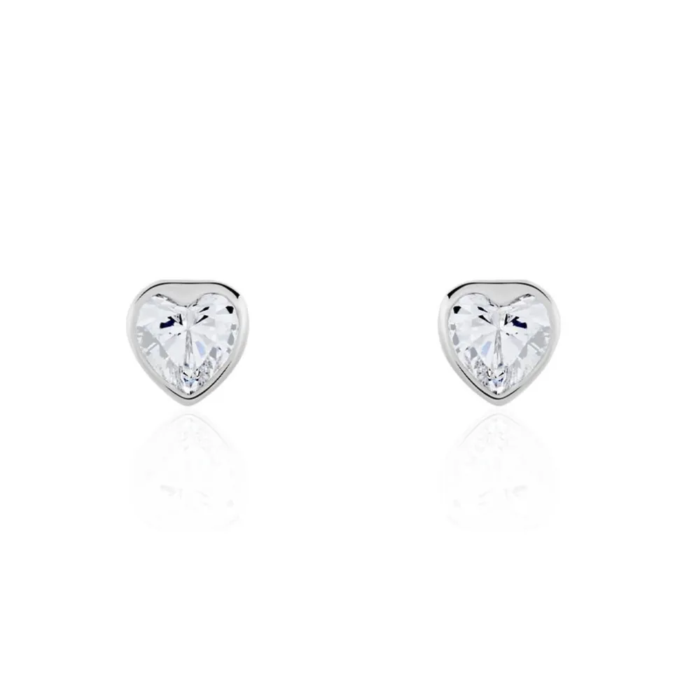 Boucles D'oreilles Puces Coeur Serti Clos Or Blanc Oxyde De Zirconium